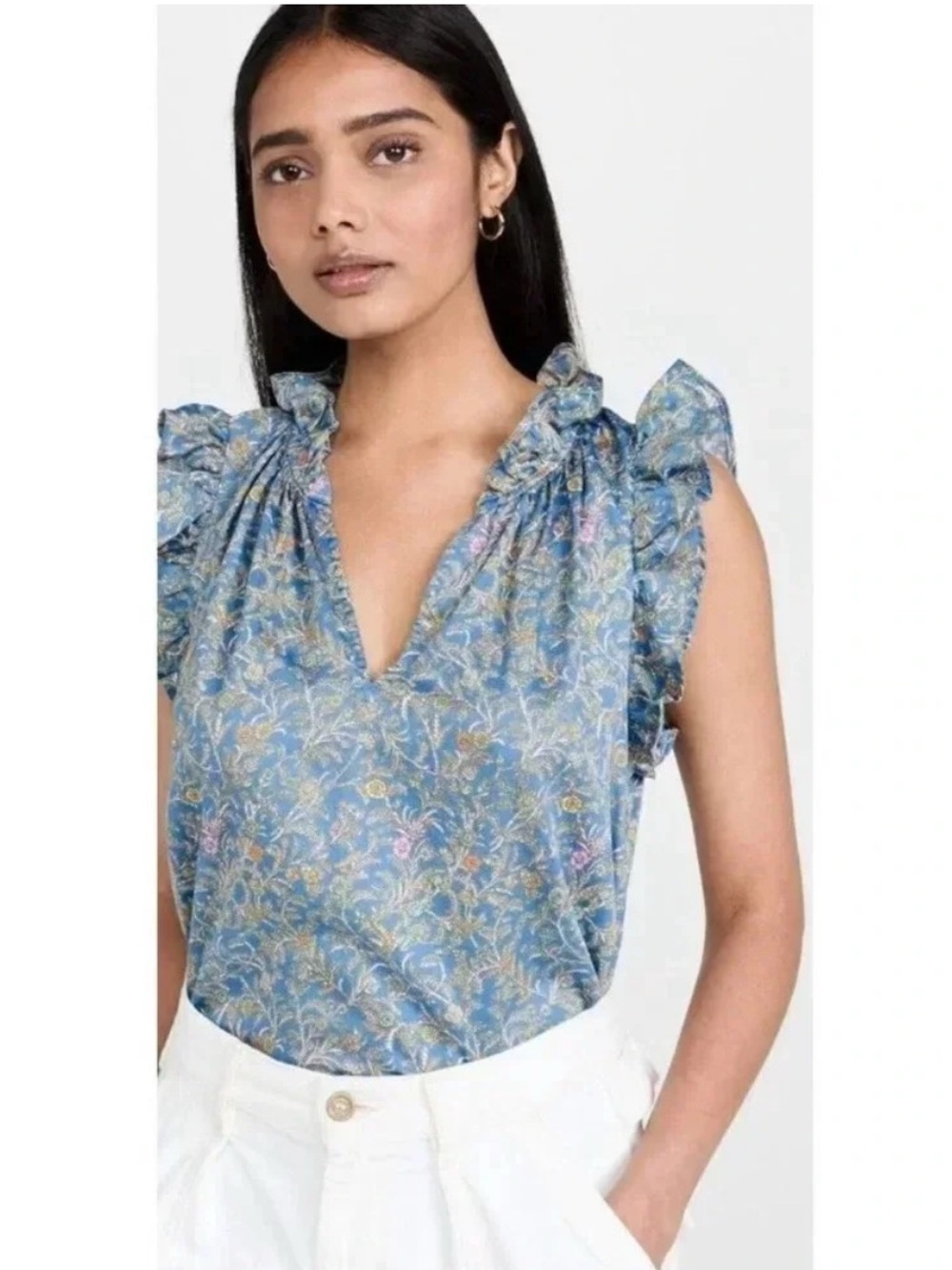 Xirena Blouse Bex Ruffle Sleeve Cotton in Bleu Flora Blue Floral